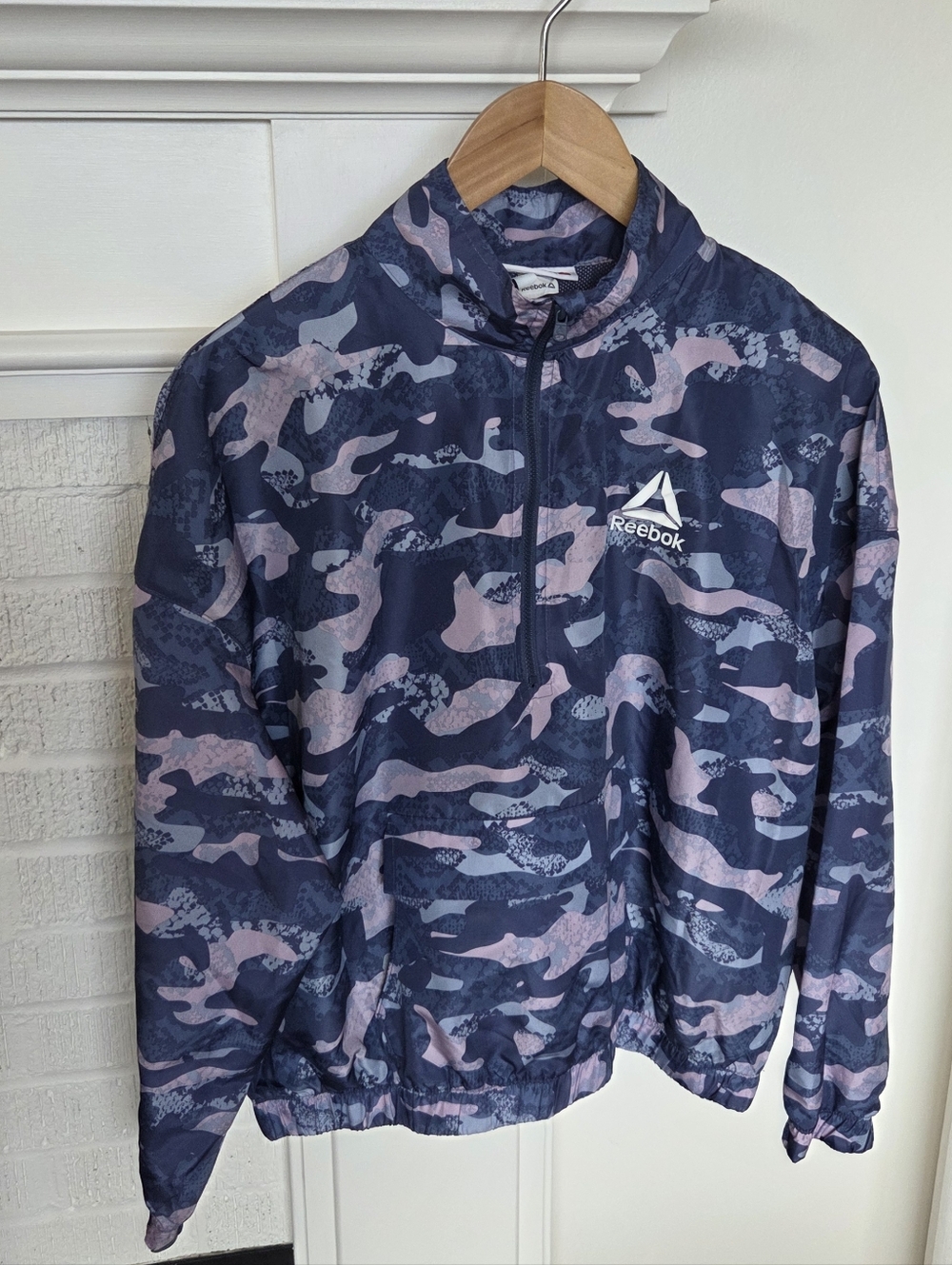 Reebok Windbreaker Quarter Zip Blue Indigo Camo With Front Pocket Womens Medium